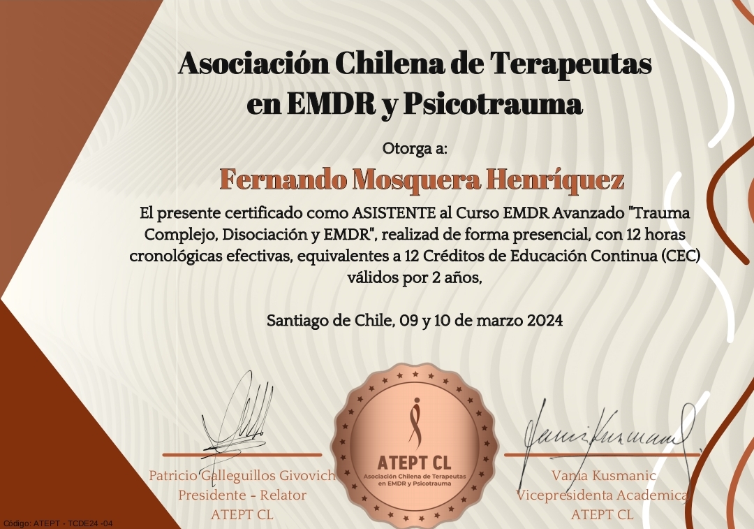 Certificado de Fernando Mosquera del curso avanzado Trauma Complejo, Disociación y EMDR